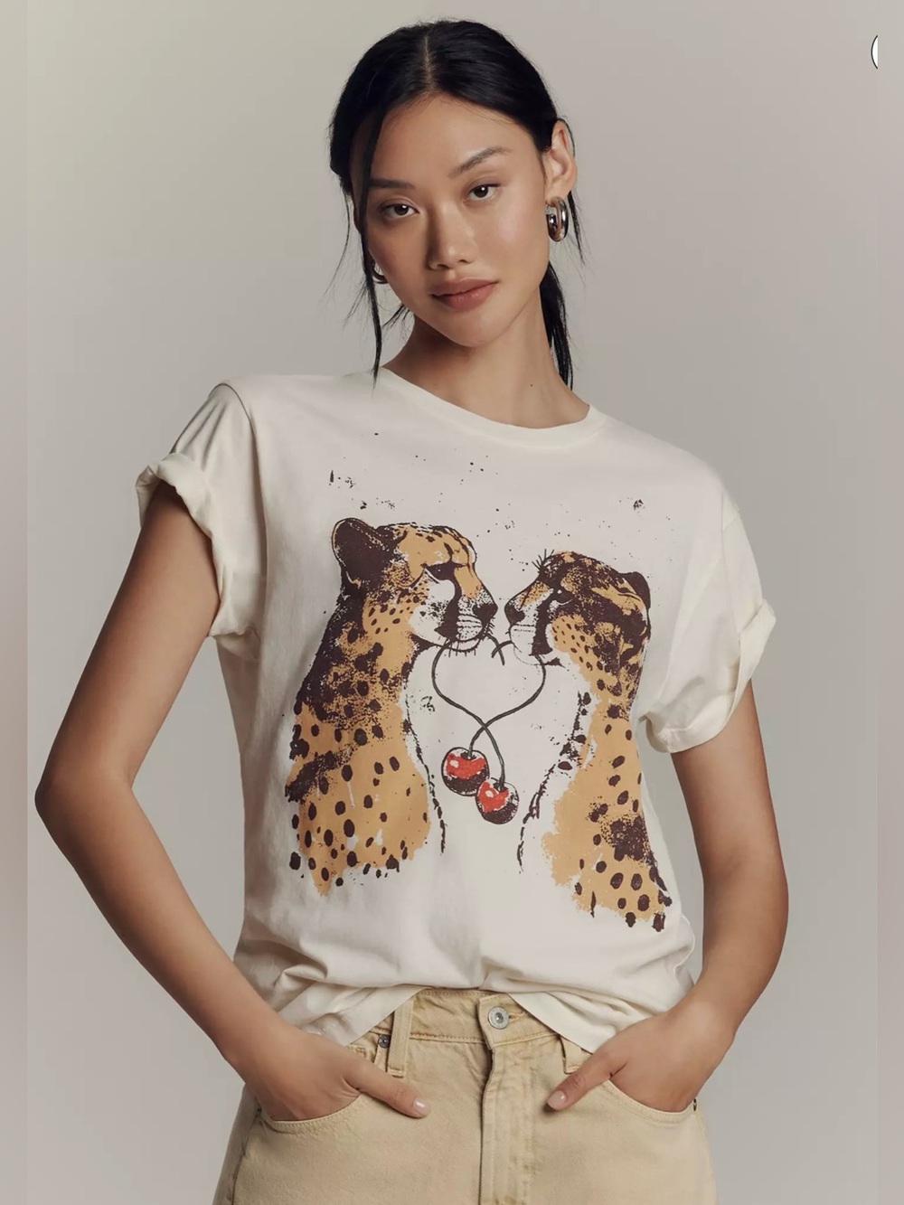 LetLuv by Anthropologie Graphic Cheetah Tee with Cherries ~ Cream